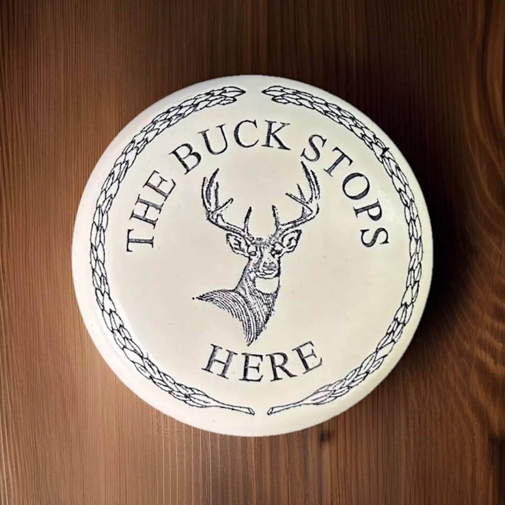 ‘The Buck Stops Here’ Scrimshaw Style Resin Paperweight Felt Bottom 2.5” Round